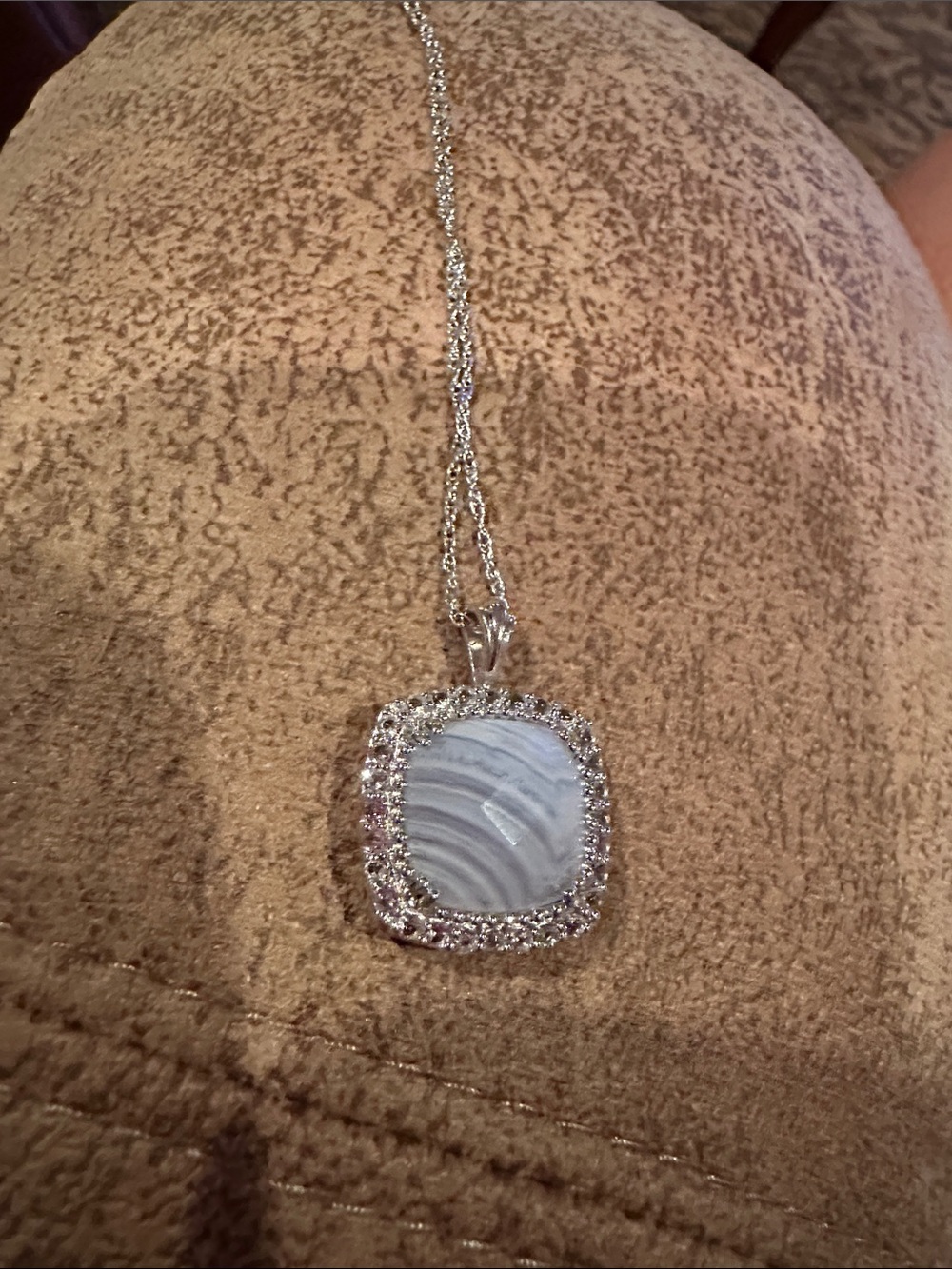 Silver Blue Lace Agate Halo Pendant Necklace
